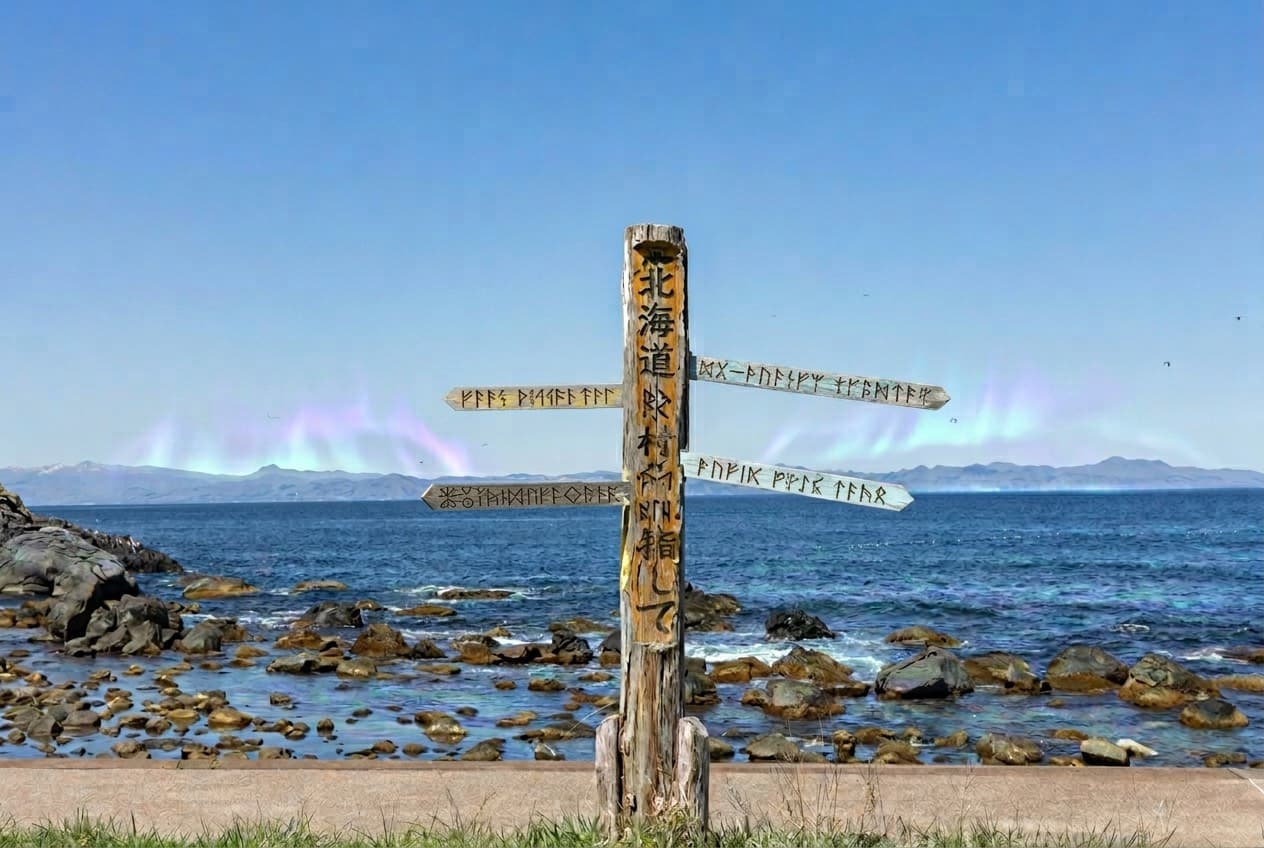 A weathered signpost beside the cold blue sea at the northern edge of Aomori