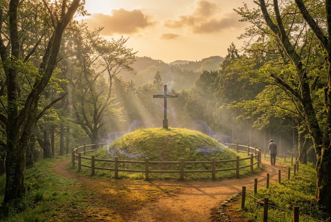 A hilltop marker in Shingo under low evening light