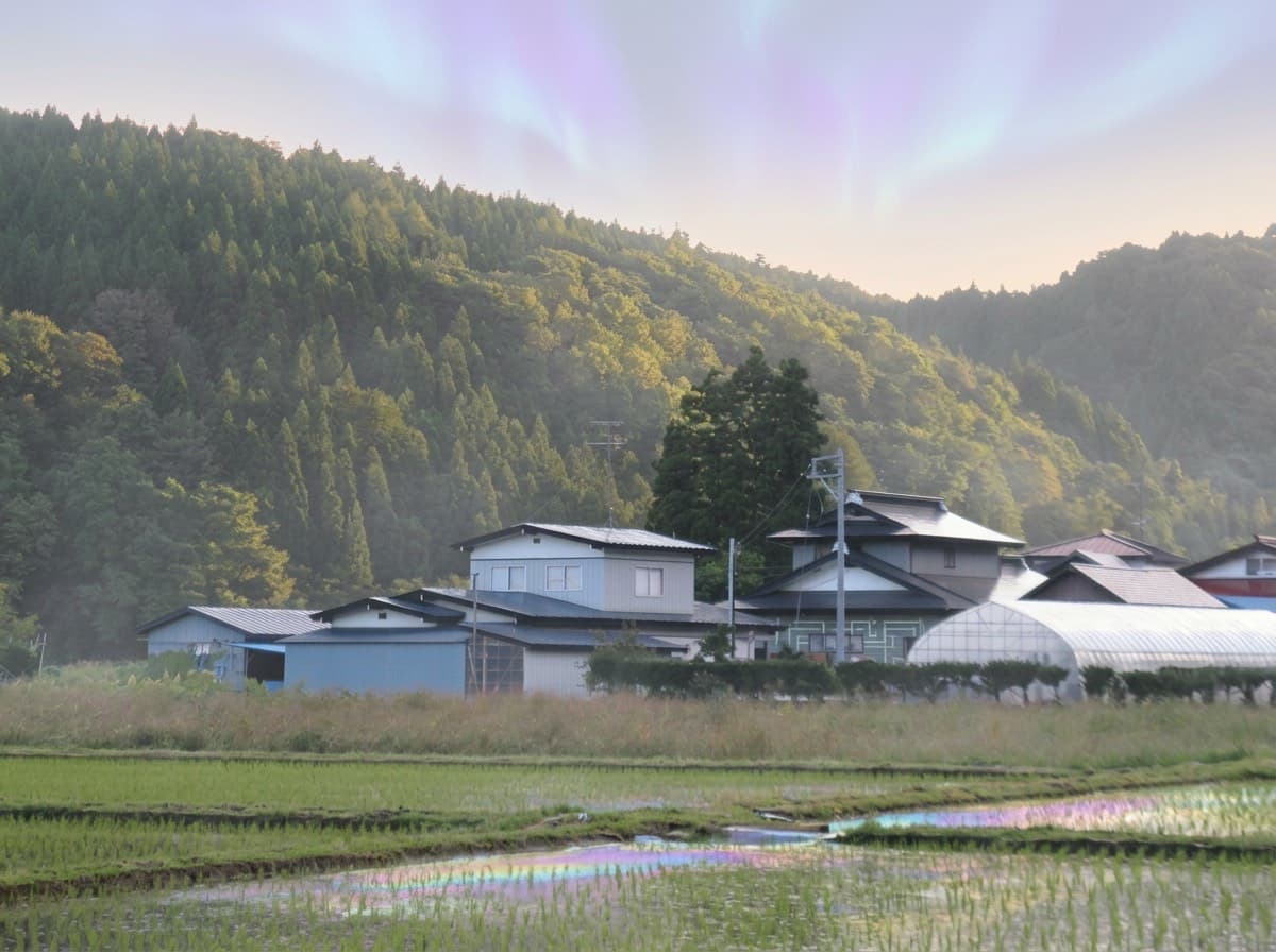 Fields and low hills in Aomori under a pale spectral sky